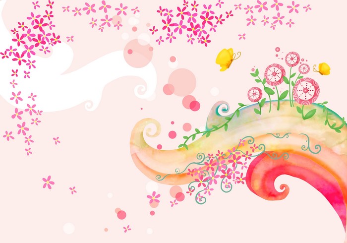 Pink flowers and butterflies vector graphic