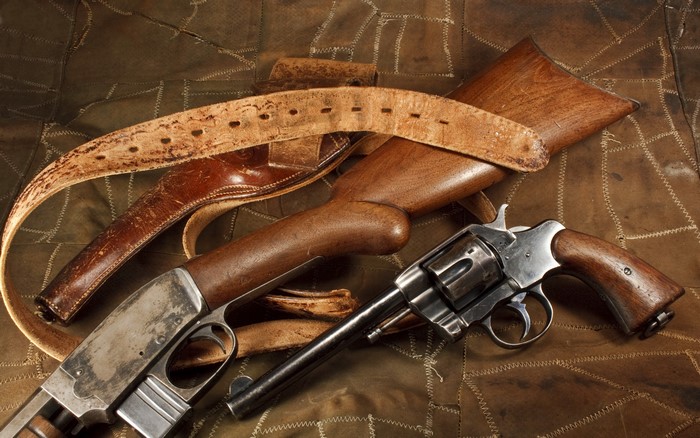 Revolver and Shotgun with Leather Holster and Belt