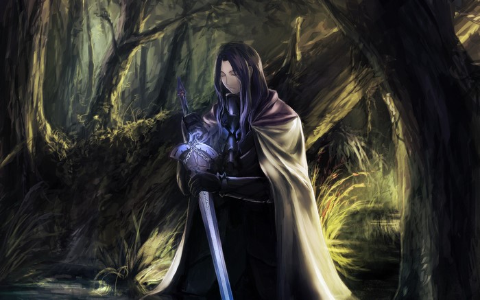 Lancelot from Fate/Stay Night with a sword in a forest