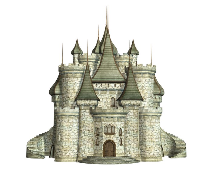 Stone castle with conical roofs and towers