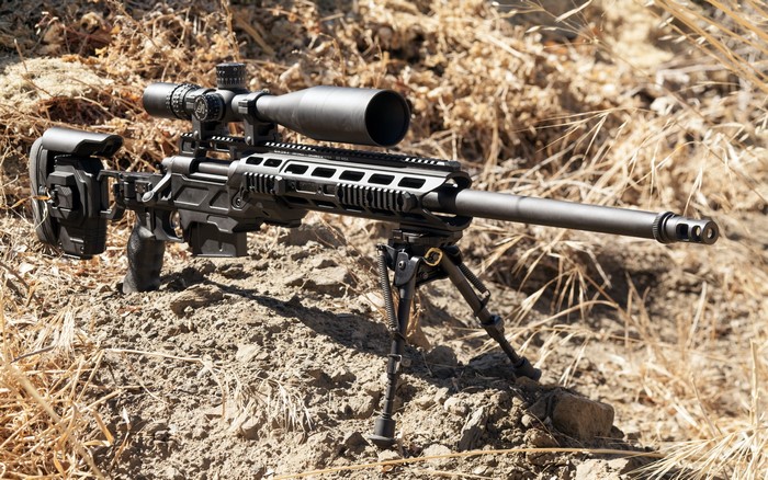 Sniper rifle with telescopic sight and bipod