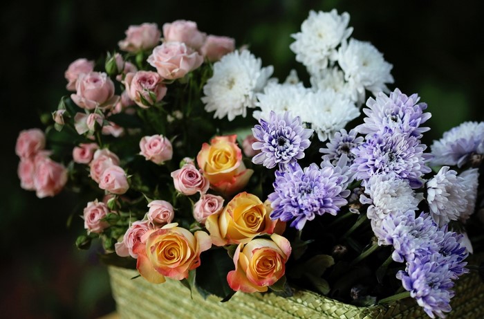 Bouquet of Roses and Chrysanthemums in a Wicker Basket