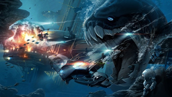 Underwater battle with giant monster and explosions