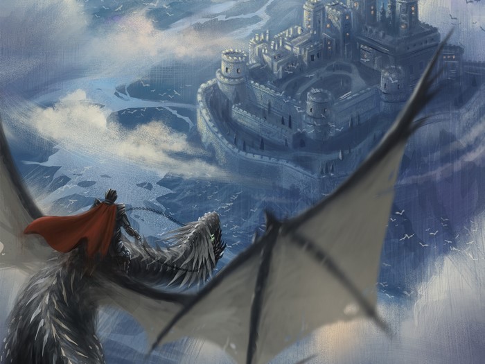 Warrior riding a dragon towards a castle in the sky