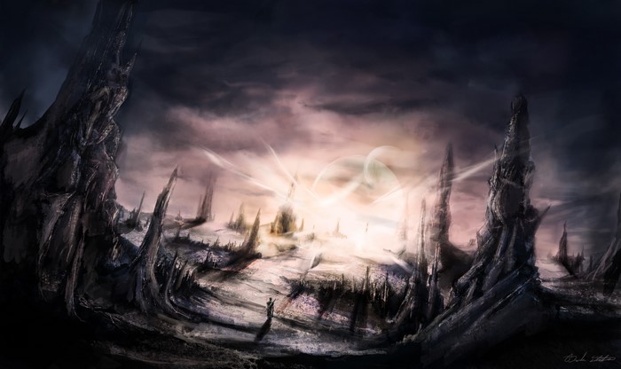 Fantastic world with spiky rock formations and bright light