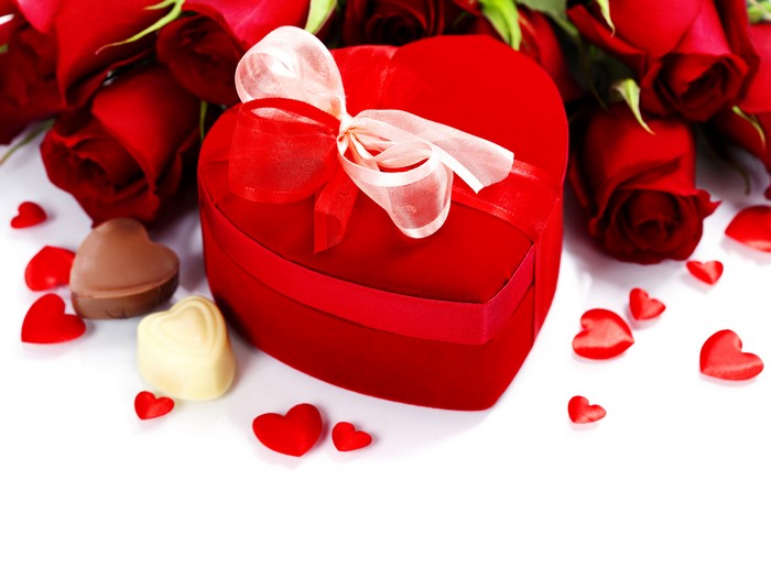 Red Roses, Heart-Shaped Gift Box, and Chocolates