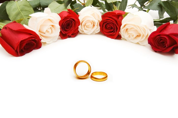 Red and white roses with wedding rings