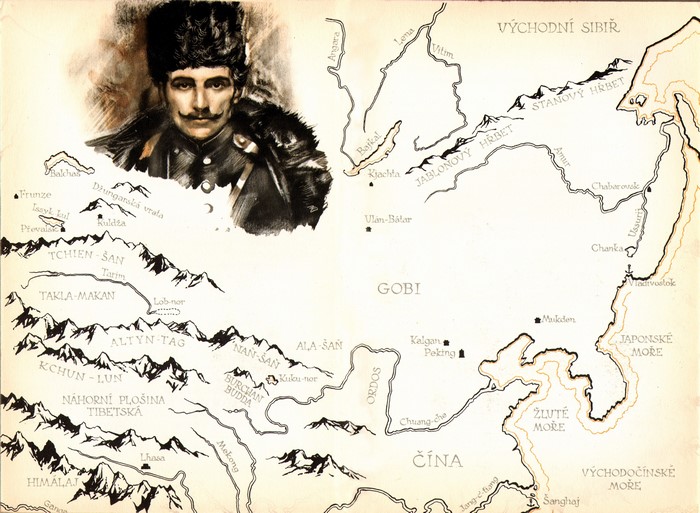 Zdenek Burian portrait over map of Eastern Siberia and China
