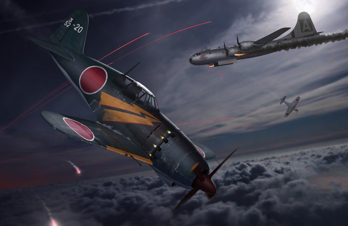 Japanese Zero fighter plane in combat with bombers