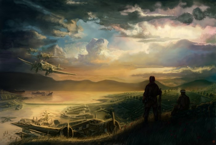 Painting of airplanes flying over a war-torn landscape at sunset