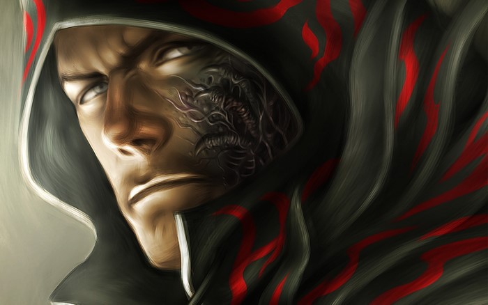 Man with a hooded headgear and a mutated face
