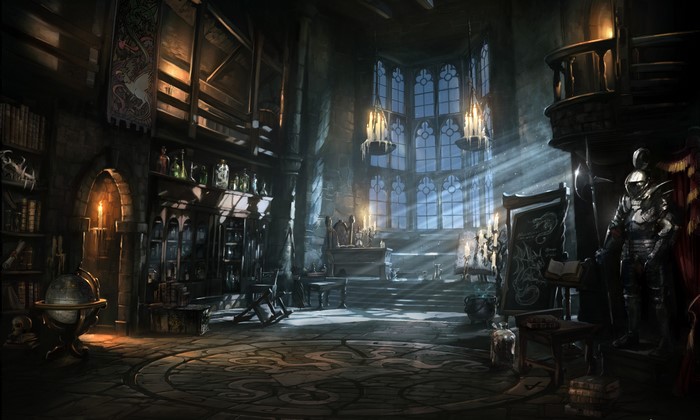 Gothic Fantasy Library with Armor and Candles