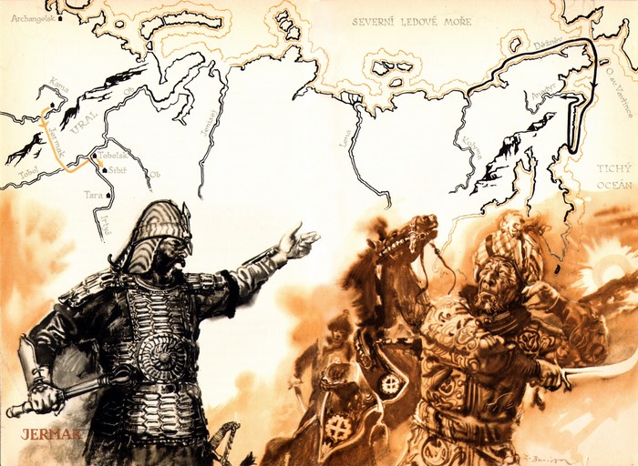 Yermak's Conquest of Siberia Map and Warriors