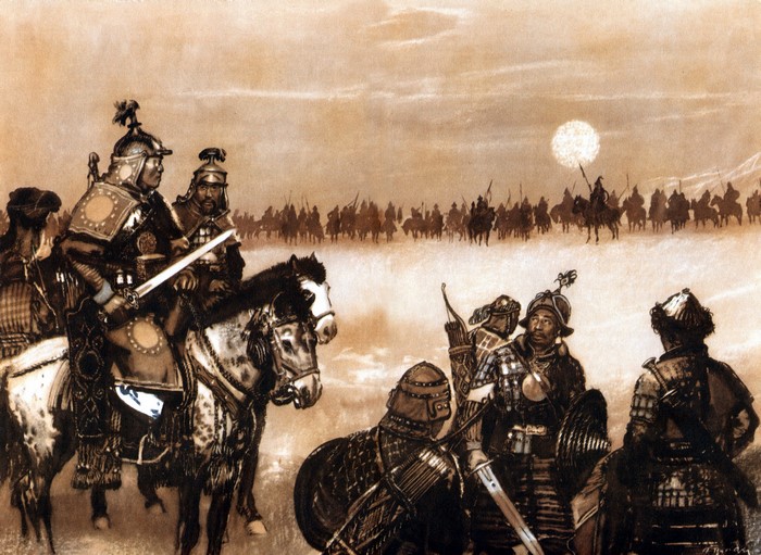 Mongol warriors on horseback in a dusty landscape