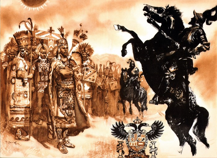 Aztec leaders meet Spanish conquistadors on horseback