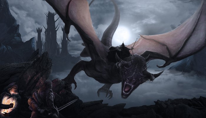 Dragon with Rider and Warriors in front of Dark Towers