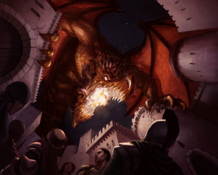 Dragon attacking a castle with warriors