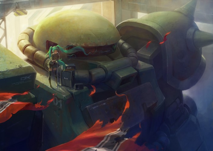 Hatsune Miku on a giant robot with flags