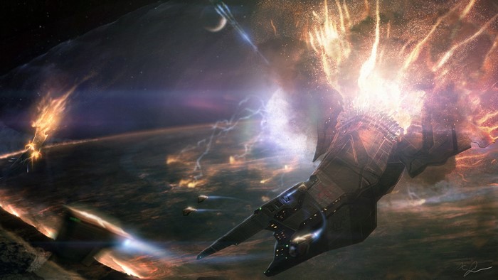 Spaceship exploding in space battle over planet