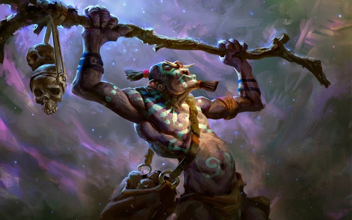 Witch Doctor from DOTA 2 holding a staff with skulls