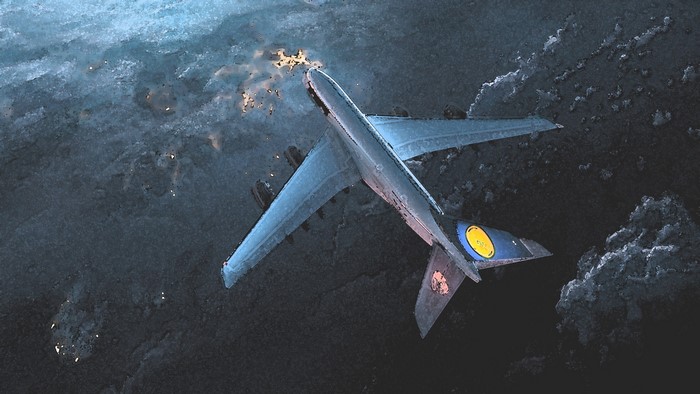 Airplane flying over dark clouds