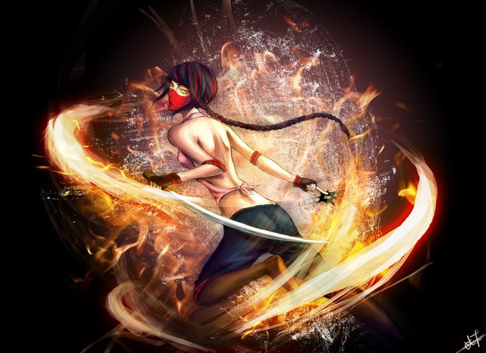 Female ninja with swords and fire