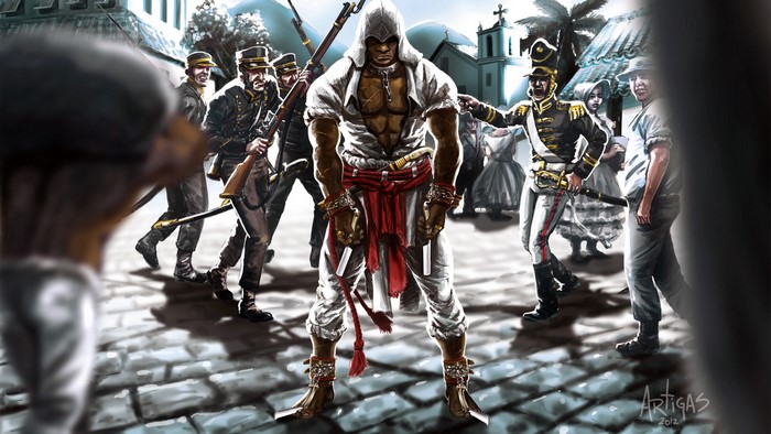 Assassin's Creed character surrounded by soldiers