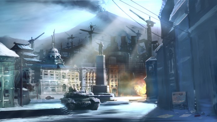 Tanks in a war-torn city with a volcano in the background