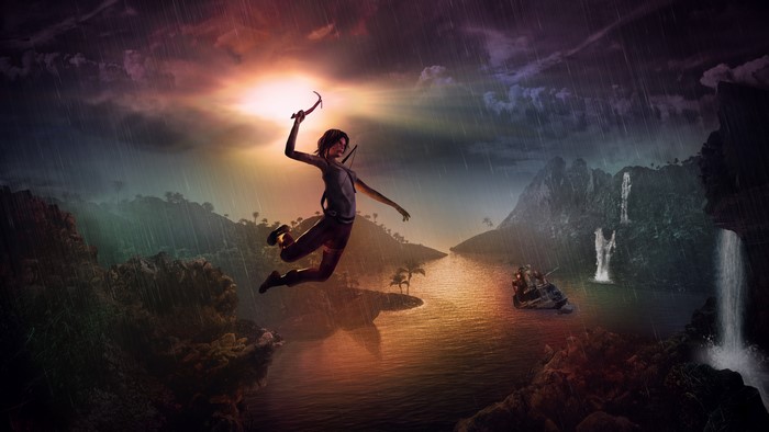 Lara Croft jumping with ice axe in Tomb Raider