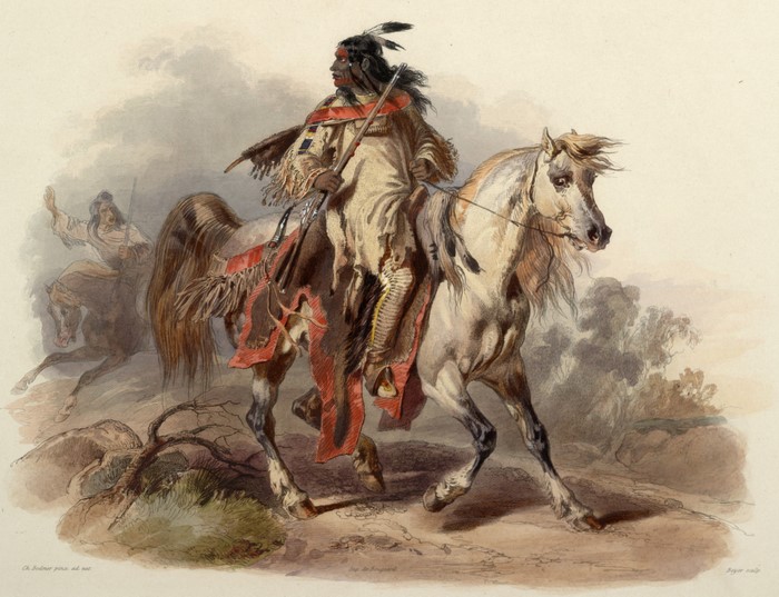 Native American man on horseback with spear