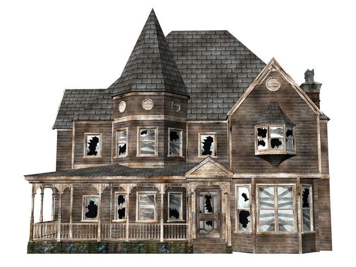 An old, dilapidated wooden mansion with broken windows