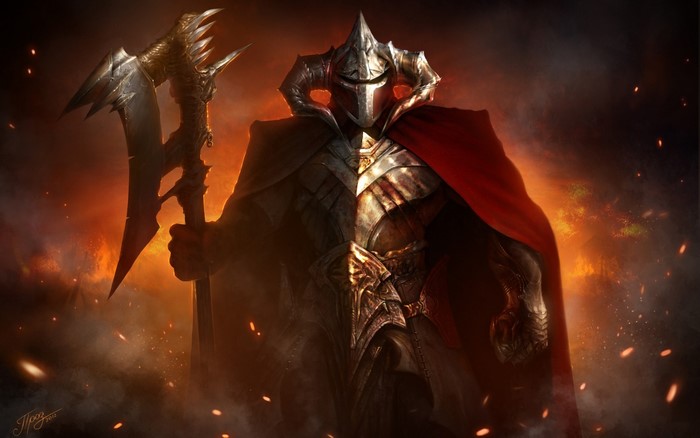 Armored warrior with battle axe and red cape