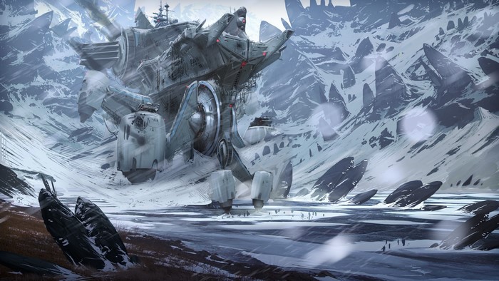 Massive mech in a snowy, mountainous landscape