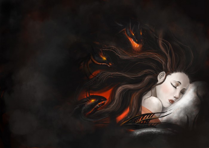 Woman sleeping with monsters in her hair