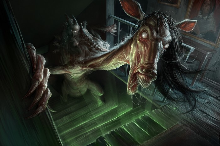 Monstrous creature with horse head on stairs