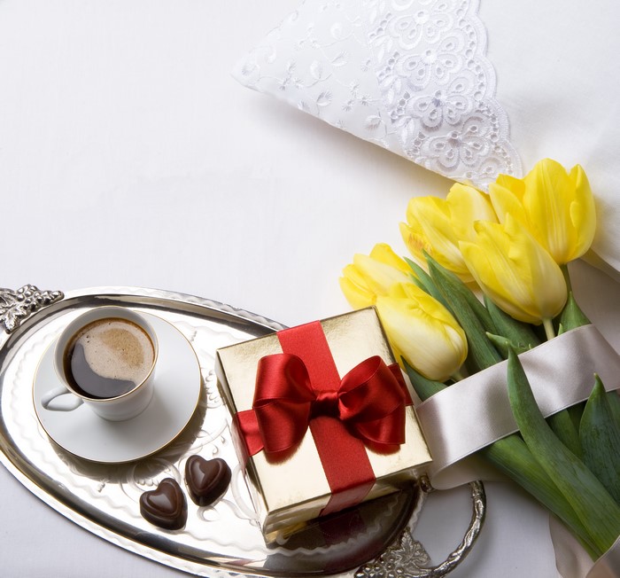 Coffee, Tulips, Gift, and Candy on a Tray