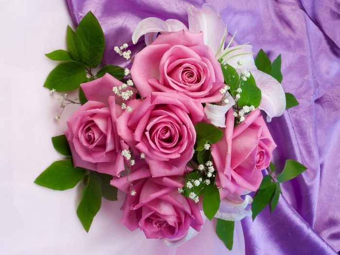 Pink Roses Bouquet with Lilies and Green Leaves