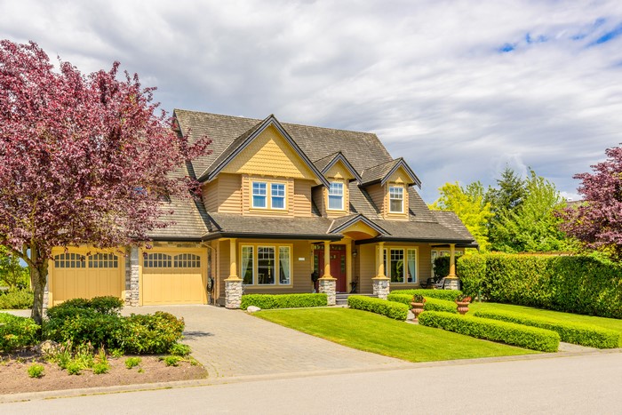 Luxury house with manicured lawn and trees