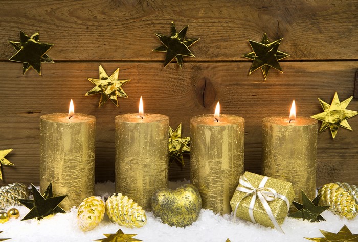 Christmas Advent Candles with Gold Stars and Ornaments