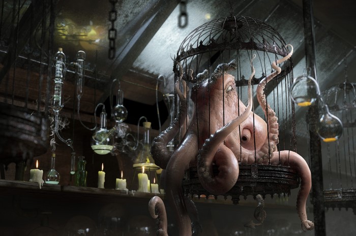 Octopus in a cage with alchemical equipment