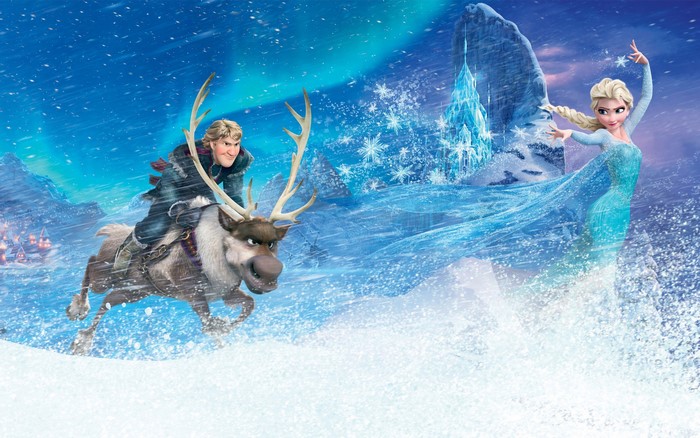 Kristoff and Sven riding through snow with Elsa in the background