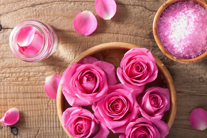 Pink Roses and Rose Petals with Bath Salts