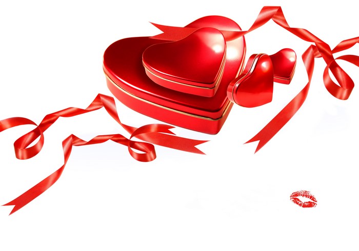 Red Heart-Shaped Gift Boxes with Ribbons and Kiss Print