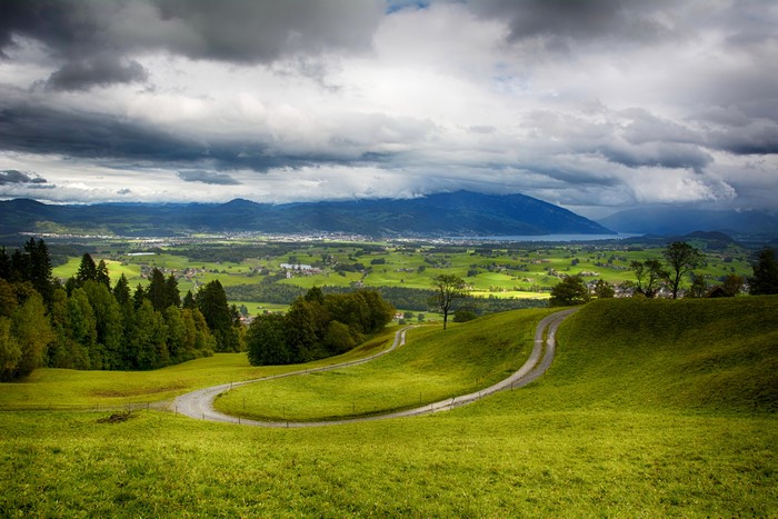 4K Wattenwil Switzerland Scenery Fields Roads Sky Grass