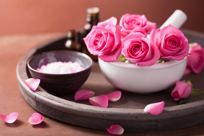 Pink Roses in Mortar with Bath Salts