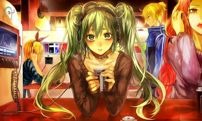 Anime characters with headphones in a cafe