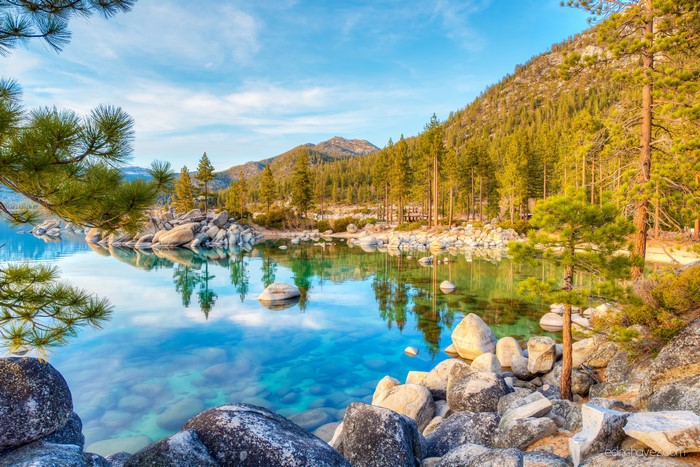 Lake Tahoe with Mountains, Stones, and Trees