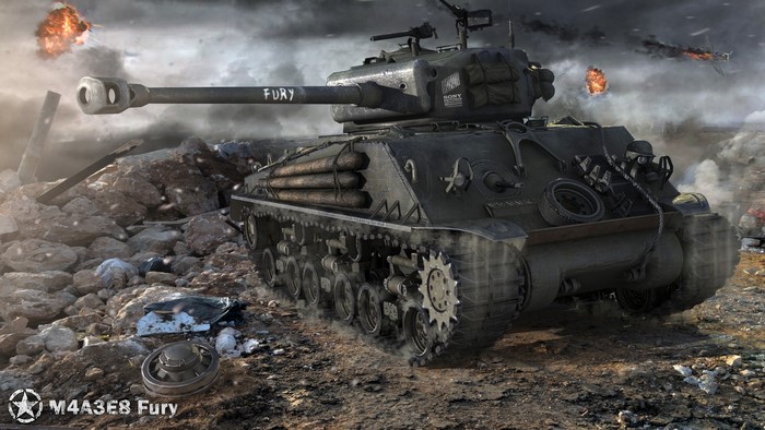 M4A3E8 Fury tank in a war-torn landscape