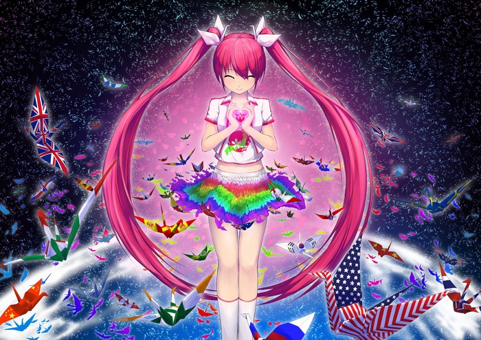 Sakura Miku surrounded by origami cranes of national flags