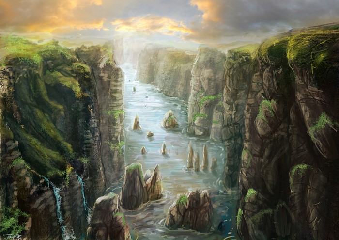 A river flows through a rocky canyon with waterfalls
